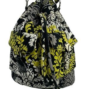 Vera Bradley Quilted Drawstring Shoulder Bag Green Black Floral Paisley Boho
